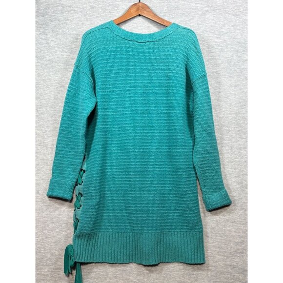Free People Oversize Teal Knit Tunic Sweater Dress Side‎ Lace-Up Sz S - Picture 5 of 5